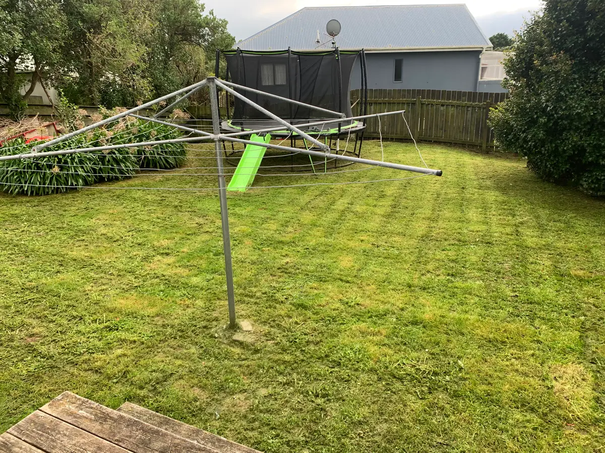 Back lawn mowed around a trampoline and clothesline